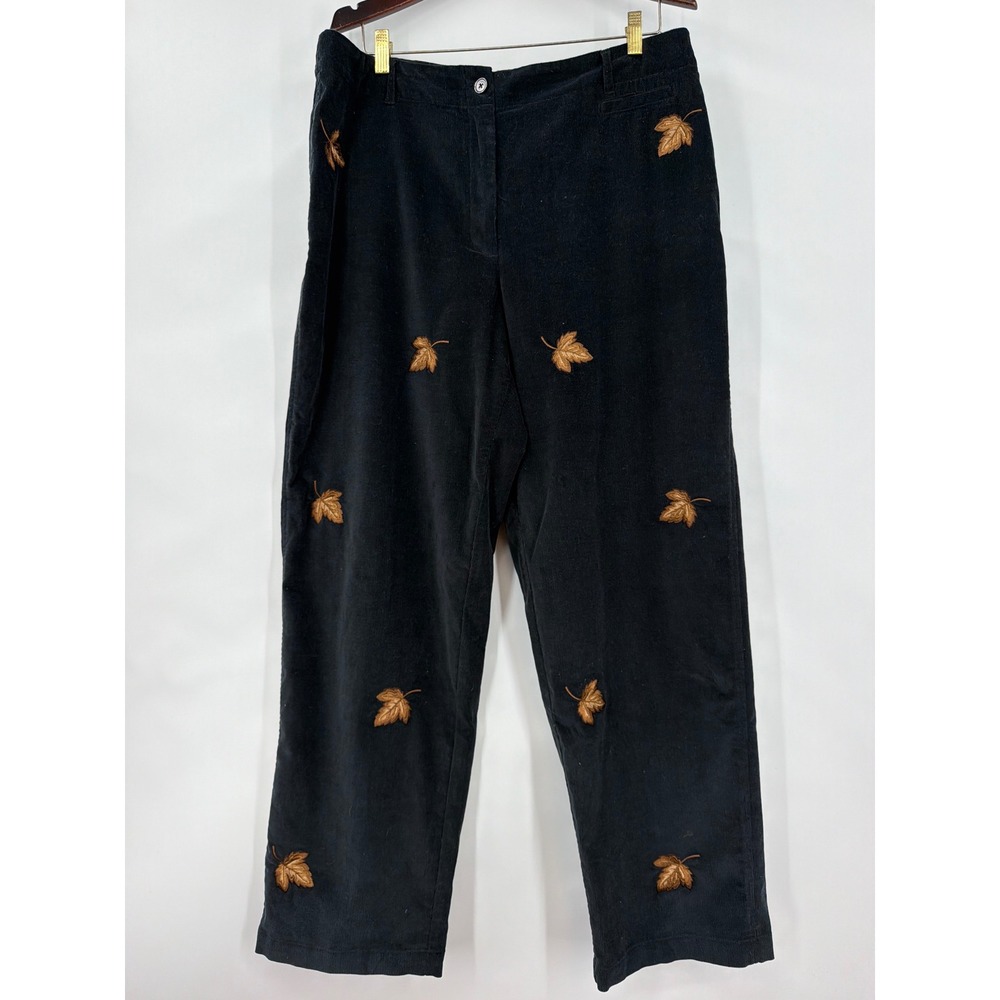 Vtg Talbots 16 Charcoal Gray Corduroy Pants Embroidered Autumn Leaves Stretch